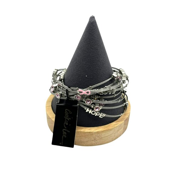 Cookie Lee Bracelet Set Bangle Breast Cancer Awareness Silver Tone HOPE LOVE NEW - Picture 2 of 8